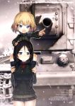  2girls :d absurdres artist_name black_footwear black_hair black_jacket black_skirt blonde_hair blue_eyes boots eyebrows_visible_though_hair girls_und_panzer ground_vehicle hand_on_another&#039;s_head highres index_finger_raised jacket katyusha knee_boots kv-2 microskirt military military_vehicle motor_vehicle multiple_girls nonna official_art open_mouth outdoors outstretched_arm pleated_skirt pravda_military_uniform red_shirt rondo_bell shirt short_hair skirt smile snowing snowman tank 