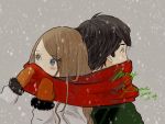  1boy 1girl back-to-back black_hair blue_eyes blush brown_hair coat commentary_request dated english eyebrows_visible_through_hair fur_trim gloves green_coat grey_background hair_ornament hairclip highres long_hair long_sleeves merry_christmas orange_gloves original sako_(user_ndpz5754) scarf shared_scarf snow white_coat 