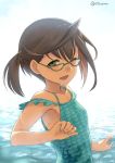  1girl blue-framed_eyewear blue_swimsuit brown_hair ebizome glasses green_eyes kantai_collection multicolored_hair okinami_(kantai_collection) one_eye_closed pink_hair ponytail short_hair signature smile solo swimsuit twitter_username 