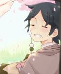  1boy black_hair cherry_blossoms dango ensemble_girls! food grass grin hanami japanese_clothes male_focus petals pov protagonist_(ensemble_girls!) sanshoku_dango sketch smile solo wagashi 