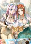  2girls ;d alcohol apron bare_shoulders beer beer_mug blue_eyes blush bracelet braid breasts cleavage crowd dirndl earrings flower food french_braid ge_xi german_clothes hair_between_eyes hair_flower hair_ornament highres jewelry large_breasts lavender_hair multiple_girls necklace oktoberfest one_eye_closed open_mouth original pendant puffy_short_sleeves puffy_sleeves redhead sausage short_sleeves sitting smile waist_apron witches_in_7th_base wreath yellow_eyes 