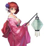  1girl bare_shoulders breasts brown_hair cleavage flower green_eyes hair_flower hair_ornament highres japanese_clothes kimono knightzzz lantern large_breasts long_hair long_sleeves looking_at_viewer obi off_shoulder paper_lantern pink_kimono sash sleeves_past_wrists smile solo wide_sleeves 