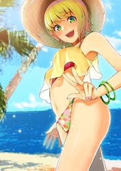  1girl asymmetrical_hair bangs bare_shoulders beach bikini bikini_under_clothes blonde_hair bracelet breasts camisole crop_top floral_print green_eyes hand_gesture hat hips idolmaster idolmaster_cinderella_girls jewelry looking_at_viewer miyamoto_frederica navel ocean open_mouth outdoors palm_tree pink_bikini_bottom red_bikini_top retsuna short_hair small_breasts smile solo sparkle straw_hat swept_bangs swimsuit thighs tree v waist 