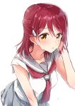  1girl adjusting_hair bare_arms blush breasts eyebrows_visible_through_hair grey_skirt hair_ornament hairclip half_updo hand_in_hair hand_up leaning_forward long_hair looking_at_viewer love_live! love_live!_sunshine!! neckerchief parted_lips pleated_skirt red_neckerchief redhead sahara_(charlotte) sakurauchi_riko school_uniform serafuku shirt short_sleeves skirt sleeveless sleeveless_shirt solo sweat tareme uranohoshi_school_uniform white_shirt yellow_eyes 