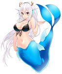  1girl absurdres bangs black_bikini_top black_eyes blush breasts cleavage commentary_request eyebrows_visible_through_hair eyes_visible_through_hair front-tie_top full_body hair_between_eyes hand_up head_fins highres horns large_breasts looking_at_viewer matsunoki_(unknown_751) mermaid monster_girl navel open_mouth original silver_hair simple_background solo white_background 