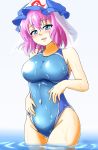  1girl absurdres blue_eyes blue_swimsuit blush breasts competition_swimsuit d-m_(dii_emu) hat highres large_breasts mob_cap one-piece_swimsuit open_mouth pink_hair ripples saigyouji_yuyuko shiny shiny_clothes short_hair smile solo swimsuit touhou triangular_headpiece water wet wet_clothes wet_swimsuit 