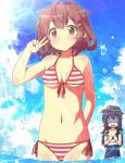 2girls akatsuki_(kantai_collection) anchor_symbol bikini black_hair blue_hat blue_sky blue_swimsuit breast_envy breasts brown_eyes brown_hair clouds cowboy_shot day flat_cap front-tie_top hair_ornament hairclip hat ikazuchi_(kantai_collection) jabittoson kantai_collection lens_flare long_hair looking_at_viewer lowleg lowleg_bikini multiple_girls name_tag navel outdoors red_bikini school_swimsuit shaded_face short_hair side-tie_bikini sky small_breasts solo_focus standing striped striped_bikini swimsuit v 