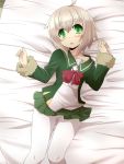  1girl blonde_hair blush breasts fur-trimmed_sleeves fur_trim gomasamune green_eyes green_skirt highres jacket kantai_collection lips long_sleeves looking_at_viewer messy_hair neck_ribbon on_bed open_mouth pantyhose pleated_skirt red_ribbon ribbon school_uniform serafuku shimushu_(kantai_collection) short_hair skirt small_breasts solo white_legwear 