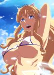  1girl :d arm_up armpits bangs bare_shoulders bikini blonde_hair blue_eyes blue_sky breasts character_request clouds cloudy_sky eyebrows_visible_through_hair highres large_breasts looking_at_viewer open_mouth sennen_sensou_aigis sky smile solo swimsuit tasaka_shinnosuke tiara upper_body white_bikini 