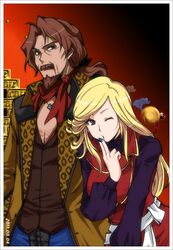  1boy 1girl beard blonde_hair blue_eyes brown_hair castlevania castlevania:_dawn_of_sorrow facial_hair julius_belmondo kidachi long_hair smile yoko_belnades 