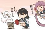  2girls ahoge akebono_(kantai_collection) bell black_hair bowl chopsticks comic commentary_request cooking fan fish flower grill grilling hair_bell hair_between_eyes hair_flower hair_ornament holding holding_bowl holding_chopsticks kantai_collection multiple_girls neckerchief open_mouth otoufu pink_background pleated_skirt rice rice_bowl saury school_uniform serafuku shadow short_sleeves side_ponytail sidelocks skirt smile smoke squatting translation_request ushio_(kantai_collection) white_background 