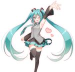  1girl arm_up armpits black_legwear blush detached_sleeves green_eyes green_hair hatsune_miku heart long_hair looking_at_viewer necktie one_eye_closed open_mouth simple_background skirt smile snowmi solo thigh-highs twintails very_long_hair vocaloid white_background 