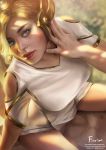  1girl artist_name blonde_hair blue_eyes collarbone deviantart_username firolian from_above gumroad_username head_tilt highres looking_to_the_side mercy_(overwatch) overwatch patreon_username realistic sitting solo spread_legs 