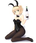  1girl alcohol alternate_costume animal_ears bangs bare_shoulders black_bow black_legwear black_leotard black_neckwear blonde_hair blush bow bowtie breasts bunny_girl bunny_tail bunnysuit cleavage closed_mouth covered_navel detached_collar fake_animal_ears full_body gomi_(gomitin) green_eyes hairband leotard looking_at_viewer mizuhashi_parsee pantyhose pointy_ears short_ponytail sitting small_breasts solo tail touhou wine wrist_cuffs 
