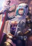  1girl asymmetrical_clothes belt blue_hair breasts cleavage cowboy_shot green_eyes hand_on_hip heterochromia highres holding holding_sword holding_weapon huihui_(d0250028020) large_breasts long_hair parted_lips prosthesis prosthetic_arm red_eyes solo sunlight sword veil weapon 