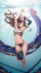  1girl air_bubble armpits arms_up bangs bare_shoulders black_bikini_bottom breasts brown_hair bubble chains cleavage commentary_request eyebrows_visible_through_hair fate/grand_order fate_(series) full_body gem highres hips holding ishtar_(fate/grand_order) l.bou long_hair looking_at_viewer medium_breasts navel parted_bangs parted_lips red_eyes revision single_sleeve solo thighs tohsaka_rin tsurime underwater wavy_hair white_bikini_top 