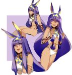  &gt;:o 1girl :o animal_ears bangs bikini blunt_bangs blush dark_skin earrings egyptian egyptian_clothes facepaint fate/grand_order fate_(series) hair_tubes hairband hoop_earrings hug_(yourhug) jackal_ears jewelry long_hair midriff multiple_views navel nitocris_(fate/grand_order) purple_hair sitting smile swimsuit very_long_hair violet_eyes white_bikini 