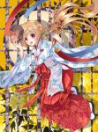  1girl :o animal animal_on_shoulder bell blonde_hair braid chihaya_(clothing) commentary_request eyebrows_visible_through_hair floating_hair floral_background from_side full_body hakama holding holding_mask japanese_clothes jingle_bell kagura_suzu kimono legs_up long_hair low_twintails mask matsusatoru_kouji minato_miku monkey monkey_mask official_art open_mouth pink_eyes red_skirt sandals shizuku_no_oto silhouette skirt thick_eyebrows twintails very_long_hair white_legwear wide_sleeves year_of_the_monkey yellow_background 