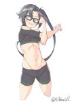  1girl amagiri_(kantai_collection) bare_shoulders bike_shorts black-framed_eyewear black_eyes black_hair blush commentary_request cowboy_shot cropped_legs ebifurya eyebrows_visible_through_hair glasses groin highres kantai_collection long_hair navel open_mouth ponytail simple_background solo stomach stretch toned twitter_username white_background 