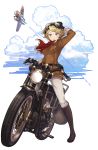  1girl adjusting_goggles aircraft airplane bag black_gloves blue_eyes boots brown_footwear clouds full_body gauge gloves goggles goggles_on_head ground_vehicle highres jane_mclean knee_boots looking_at_viewer motor_vehicle motorcycle official_art pilot_suit pocket princess_principal princess_principal_game_of_mission short_hair smile solo standing transparent_background 