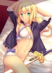  1girl ahoge arm_behind_head armpits arms_up artoria_pendragon_(all) artoria_pendragon_(swimsuit_archer) bangs bed bed_sheet besmiled between_legs bikini black_jacket blonde_hair blue_bow bow breasts cleavage closed_mouth cowboy_shot criss-cross_halter da eyebrows_visible_through_hair fate/grand_order fate_(series) green_eyes halterneck highres indoors jacket long_hair looking_at_viewer low_ponytail medium_breasts navel on_bed open_clothes open_jacket pillow saber smile solo stomach sunlight swimsuit sword thighs unsheathed unzipped weapon white_bikini 