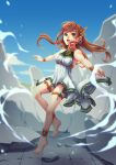 1girl :d anklet barefoot blue_sky bracelet breasts brown_hair day feet floating full_body green_eyes hair_ornament highres jewelry kinnohome leglet looking_at_viewer open_mouth original outdoors skirt sky small_breasts smile solo stone white_skirt 