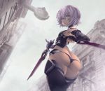  1girl arikanrobo ass assassin_of_black bandage bandaged_arm black_gloves black_legwear black_panties breasts building clock dagger fate/apocrypha fate_(series) fingerless_gloves from_below gloves green_eyes grey_sky lavender_hair looking_at_viewer outdoors panties scar scar_across_eye short_hair single_glove small_breasts solo tattoo thigh-highs underwear weapon 