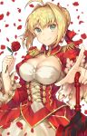  &gt;:) 1girl aestus_estus ahoge bangs blush breasts cleavage cleavage_cutout closed_mouth dress epaulettes eyebrows_visible_through_hair fate/extra fate_(series) flower foreshortening g.t hair_intakes hair_ribbon highres holding holding_sword holding_weapon large_breasts long_sleeves looking_at_viewer petals pointing pointing_at_viewer red_dress red_flower red_ribbon red_rose ribbon rose rose_petals saber_extra short_hair simple_background solo sword unsheathed upper_body weapon white_background 