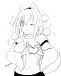  1girl animal_ears breasts hat heart-shaped_boob_challenge inubashiri_momiji large_breasts monochrome one_eye_closed smile sparkling_eyes symbol-shaped_pupils tail taurine_8000mg tokin_hat touhou twitter_username wide_sleeves wolf_ears wolf_tail 
