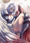  1girl angel angel_wings asymmetrical_wings blood blood_stain blue_eyes breasts cleavage closed_mouth headpiece highres huihui_(d0250028020) knees_up large_breasts long_hair looking_at_another silver_hair single_gauntlet single_greave single_pauldron solo wings 