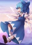  &gt;:d 1girl :d bangs bare_arms blue_dress blue_eyes blue_hair blue_ribbon brown_footwear cirno clouds cloudy_sky collared_shirt commentary_request dress eyebrows_visible_through_hair fairy_wings fang flying full_body gradient_sky hair_ribbon highres mary_janes mountain neck_ribbon open_mouth puffy_short_sleeves puffy_sleeves revision ribbon shirt shoes short_hair short_sleeves sky smile socks solo sunlight tanyatonya touhou white_legwear white_shirt wings 