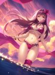  1girl bangle bangs bare_arms bare_shoulders bikini bracelet breasts clouds cloudy_sky dutch_angle fate/grand_order fate_(series) floating_hair flower glint gluteal_fold hair_flower hair_intakes hair_ornament highres holding jewelry large_breasts leg_garter long_hair looking_at_viewer ocean parted_lips pink_bikini purple_hair scathach_(fate/grand_order) shiny shiny_skin sky solo swimsuit thigh_gap thighs tidsean twilight under_boob very_long_hair wading water wind 