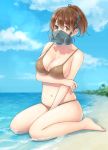  1girl bangs bare_arms bare_legs bare_shoulders beach between_legs blue_sky breast_hold breasts brown_bikini brown_eyes brown_hair character_request cleavage clouds cloudy_sky collarbone copyright_request day eyebrows eyelashes facing_away full_body gas_mask hair_between_eyes hand_between_legs high_ponytail large_breasts lens_flare looking_at_viewer navel ocean palm_tree pochi_(popcooooorn) sand shadow short_hair sitting skindentation sky solo tree wariza water 