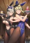  2girls animal_ears artoria_pendragon_(all) artoria_pendragon_(lancer) artoria_pendragon_(lancer_alter) backless_outfit bangs bare_shoulders black_leotard blonde_hair blue_leotard blurry blurry_background blush braid breasts bunny_tail bunnysuit candle choker collarbone commentary_request covered_navel cup drink drinking_glass elbowing fate/grand_order fate_(series) french_braid green_eyes grey_hair hair_between_eyes hair_bun highleg highleg_leotard highres indoors large_breasts leotard looking_at_another looking_to_the_side multiple_girls navel navel_cutout neo-masterpeacer pantyhose rabbit_ears ribbed_leotard sideboob sidelocks table tail tray under_boob yellow_eyes 