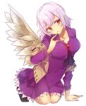  1girl :o ascot blush breasts brooch commentary_request dress feathered_wings finger_to_mouth grey_wings jacket jewelry kishin_sagume kneeling konnyaku_(yuukachan_51) lavender_hair long_sleeves looking_at_viewer medium_breasts open_clothes open_jacket purple_dress red_eyes short_hair single_wing solo touhou wings 