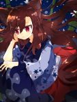  1girl animal_ears bangs brown_hair chin_rest closed_mouth dress fingernails frilled_sleeves frills highres imaizumi_kagerou jewelry long_hair long_sleeves looking_away nikorashi-ka red_eyes red_skirt shirt skirt star star_print starry_background touhou white_shirt wide_sleeves wolf_ears 