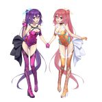 2girls absurdres blue_eyes breasts choker cleavage collarbone covered_navel daye_bie_qia_lian fingerless_gloves full_body gloves gradient_eyes halo hand_holding highres leotard long_hair looking_at_viewer multicolored multicolored_eyes multiple_girls pink_hair ponytail purple_hair red_eyes standing thigh-highs transparent_background 