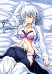  1girl bed bra breasts cleavage closed_eyes dated groin izayoi_sakuya long_sleeves lying navel on_back open_clothes open_mouth open_shirt panties partially_undressed pillow purple_bra purple_panties shirt short_hair signature silver_hair sleeping solo tatsuya_(guild_plus) touhou underwear 
