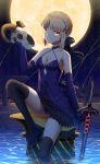  artoria_pendragon_(all) black_bow bow breasts cleavage elbow_gloves fate_(series) gloves hair_bow halterneck head_tilt high_heels highres ji_dao_ji jitome moon pale_skin partially_submerged pillar saber_alter sitting skull sky star_(sky) starry_sky sword thigh-highs weapon zettai_ryouiki 