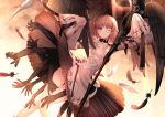  1girl aki663 bangs black_skirt black_wings blouse brown_hair chains character_request collar eyepatch feathered_wings forever_7th_capital hands long_sleeves looking_at_viewer parted_lips red_eyes skirt sleeves_past_wrists solo staff white_blouse wide_sleeves wings 