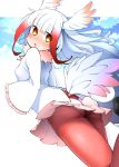  1girl :o ass bangs bird_tail blue_sky blunt_bangs blush breasts clouds eyebrows_visible_through_hair frills fur_trim hayashi_(l8poushou) head_wings highres japanese_crested_ibis_(kemono_friends) jitome kemono_friends long_sleeves looking_back open_mouth orange_eyes red_legwear short_hair_with_long_locks sideboob simple_background skirt sky small_breasts solo upskirt white_background white_hair wide_sleeves 