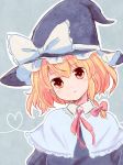  1girl :o bangs batta_(ijigen_debris) blonde_hair blue_background blue_dress blush bow brown_eyes capelet collared_dress commentary dress eyebrows_visible_through_hair hair_ribbon hat hat_bow head_tilt heart kirisame_marisa long_sleeves looking_at_viewer neck_ribbon parted_lips pink_ribbon ribbon short_hair solo touhou tress_ribbon white_capelet witch_hat 