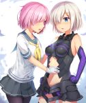  2girls arms_up bare_shoulders black_gloves black_leotard black_skirt blue_eyes blush breasts cosplay costume_switch elbow_gloves fate/grand_order fate_(series) gloves hair_ornament hair_over_one_eye hairclip hamakaze_(kantai_collection) hamakaze_(kantai_collection)_(cosplay) hand_on_another&#039;s_shoulder hand_on_another&#039;s_stomach highres kantai_collection leotard maeshimashi medium_breasts multiple_girls navel_cutout neckerchief open_mouth pantyhose pink_hair pleated_skirt purple_gloves school_uniform serafuku shielder_(fate/grand_order) shielder_(fate/grand_order)_(cosplay) shirt short_hair short_sleeves silver_hair skirt smile violet_eyes white_background white_gloves white_shirt yellow_neckerchief 