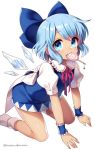  1girl bangs blue_bow blue_dress blue_eyes blue_hair bow candy cirno commentary_request dress eyebrows_visible_through_hair food food_in_mouth hair_bow heart ice ice_wings kneeling leaning_forward lollipop looking_at_viewer masaru.jp puffy_short_sleeves puffy_sleeves red_ribbon ribbon short_hair short_sleeves simple_background socks solo tan touhou twitter_username white_background white_legwear wings wrist_cuffs 