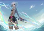  1girl absurdres altera_(fate) ass bare_shoulders blue_sky breasts closed_mouth cowboy_shot cutoffs dark_skin day denim denim_shorts energy_sword fate/extella fate/extra fate/grand_order fate_(series) highres holding holding_sword holding_weapon looking_at_viewer outdoors red_eyes short_hair short_shorts shorts sky small_breasts solo sword tollrin-senpai wading weapon white_hair 