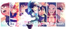  3girls 4boys asui_tsuyu bakugou_katsuki boku_no_hero_academia full_body iida_tenya midoriya_izuku multiple_boys multiple_girls simple_background text todoroki_shouto uraraka_ochako white_background yaoyorozu_momo 