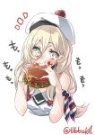  1girl armband beret blonde_hair blush eating ebifurya food food_on_face hamburger hat highres holding holding_food kantai_collection long_hair looking_at_viewer pom_pom_(clothes) richelieu_(kantai_collection) simple_background sleeveless solo translated twitter_username white_background yellow_eyes 