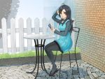  1girl ahoge black_footwear black_hair black_legwear blue_dress book brick_wall day dress fence hand_up holding holding_book hotaru_natsuna long_hair looking_at_viewer mega30000 outdoors pantyhose picket_fence purple_eyes shoes sitting solo table wizard_barristers:_benmashi_cecil wooden_fence 