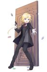  1girl :o black_footwear black_pants blonde_hair blue_eyes bullet_hole chris_(princess_principal) door formal full_body gloves gun highres holding holding_gun holding_weapon long_hair looking_at_viewer official_art outstretched_hand pants poker_chip ponytail princess_principal princess_principal_game_of_mission shoes solo standing suit torn_clothes weapon weapon_request white_gloves 