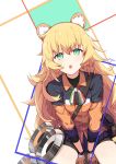  1girl abstract_background animal_ears aqua_eyes arms_between_legs bangs blonde_hair chestnut_mouth cowboy_shot girls_frontline gloves green_eyes hair_between_eyes highres jacket long_hair looking_at_viewer messy_hair open_mouth outside_border s.a.t.8_(girls_frontline) signature sitting solo v_arms wing_collar zhayin-san 